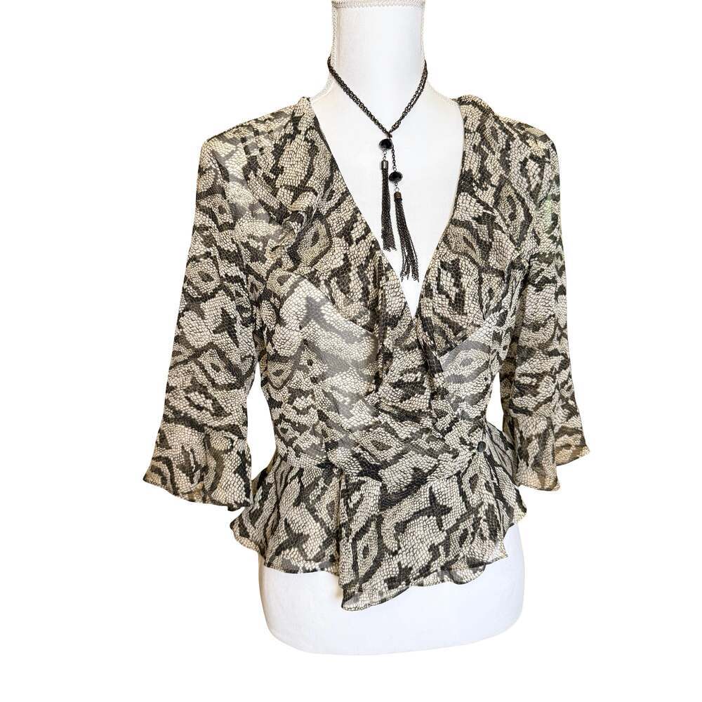 Jones New York Collection 100% Silk Snake Print Ruffle Wrap Blouse Size 4
